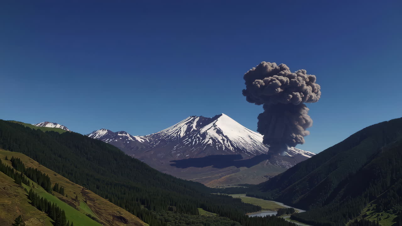 Volcanic Eruption with Ash Plume Over Snow-Capped Mountain