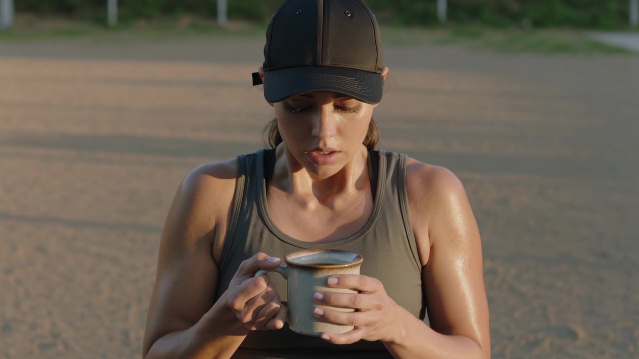 Donna che finisce la corsa, con cappellino da baseball scuro e canotta sportiva, che controlla una tazza di metallo sulla pista, rinfrescandosi.