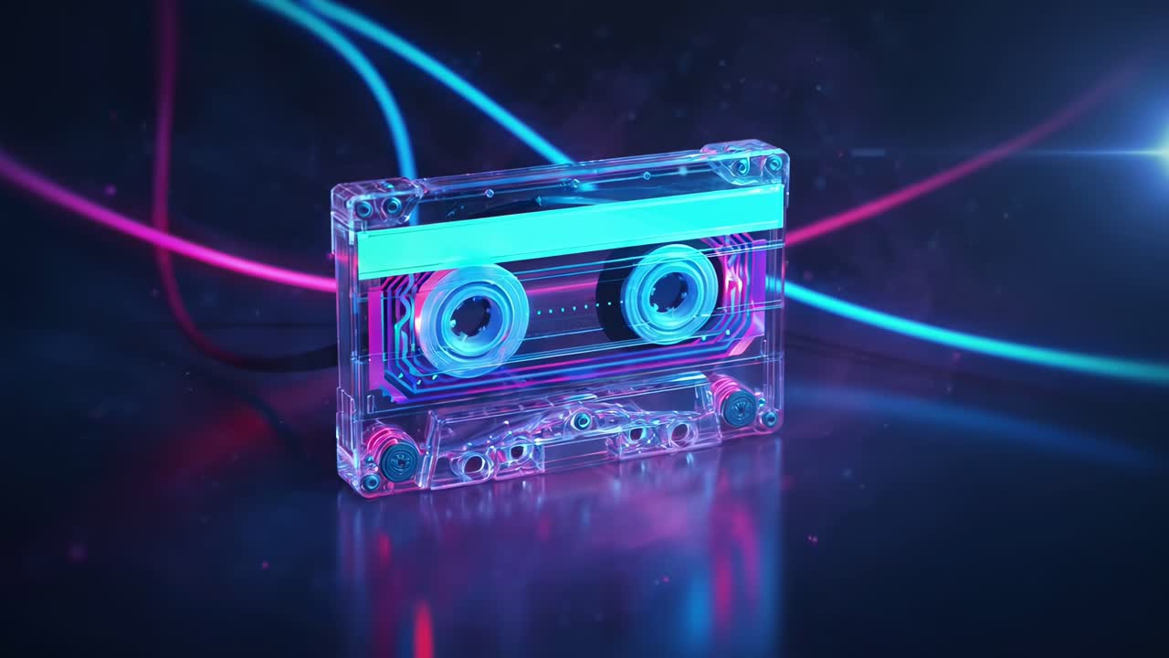 Cassetta retrò con luci al neon, vista angolata. Stile videogioco vibrante e futuristico. Desktop live