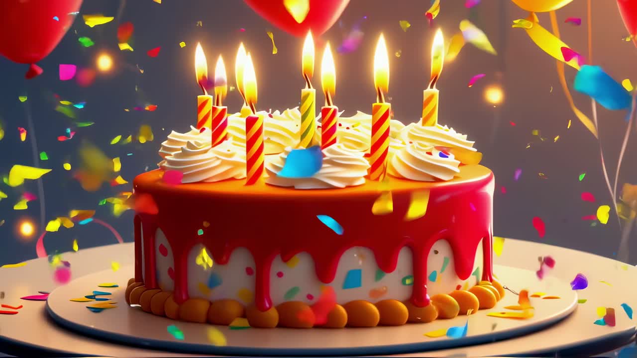 Vibrant confetti falling softly over delectable red frosted birthday cake, illuminating festive moment with glowing candles capturing celebratory spirit