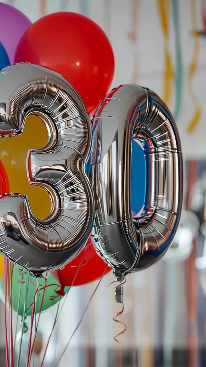 Vertical video: Swaying silver 30 foil balloons following camera reframe at party for 30th birthday