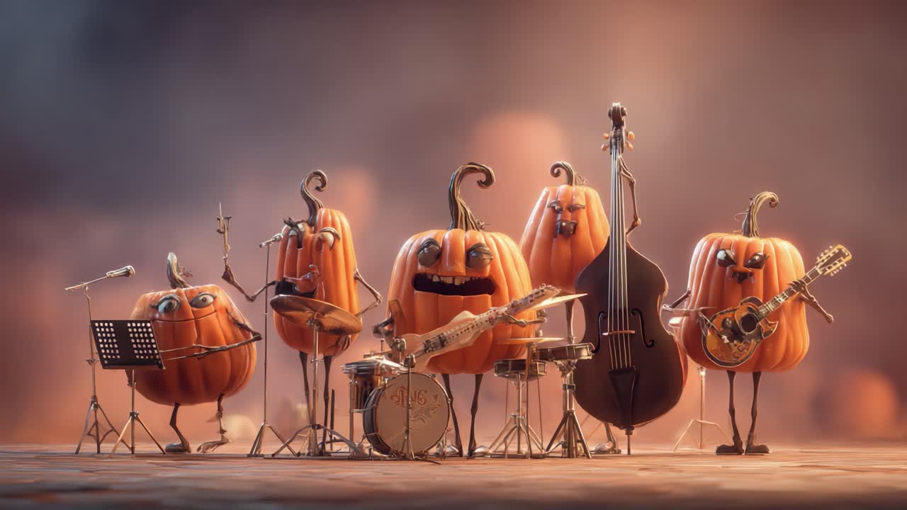 A whimsical band of animated pumpkin characters performing together on stage, showcasing their musical talents with various instruments, like drums and guitars, in a playful atmosphere