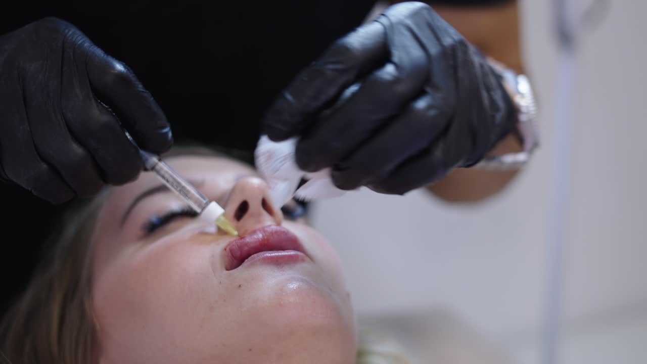 Close-up of a lip augmentation procedure using an injection