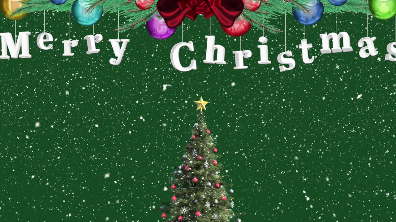 크리스마스 전통을 축하하는 나무에 눈이 내리는 애니메이션 크리스마스 바블과 텍스트.