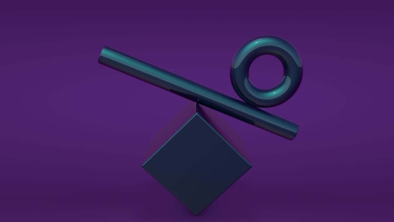 cubo azul, cilindro y anillo. fondo violeta. animación sin costuras abstracta, renderizado en 3d.