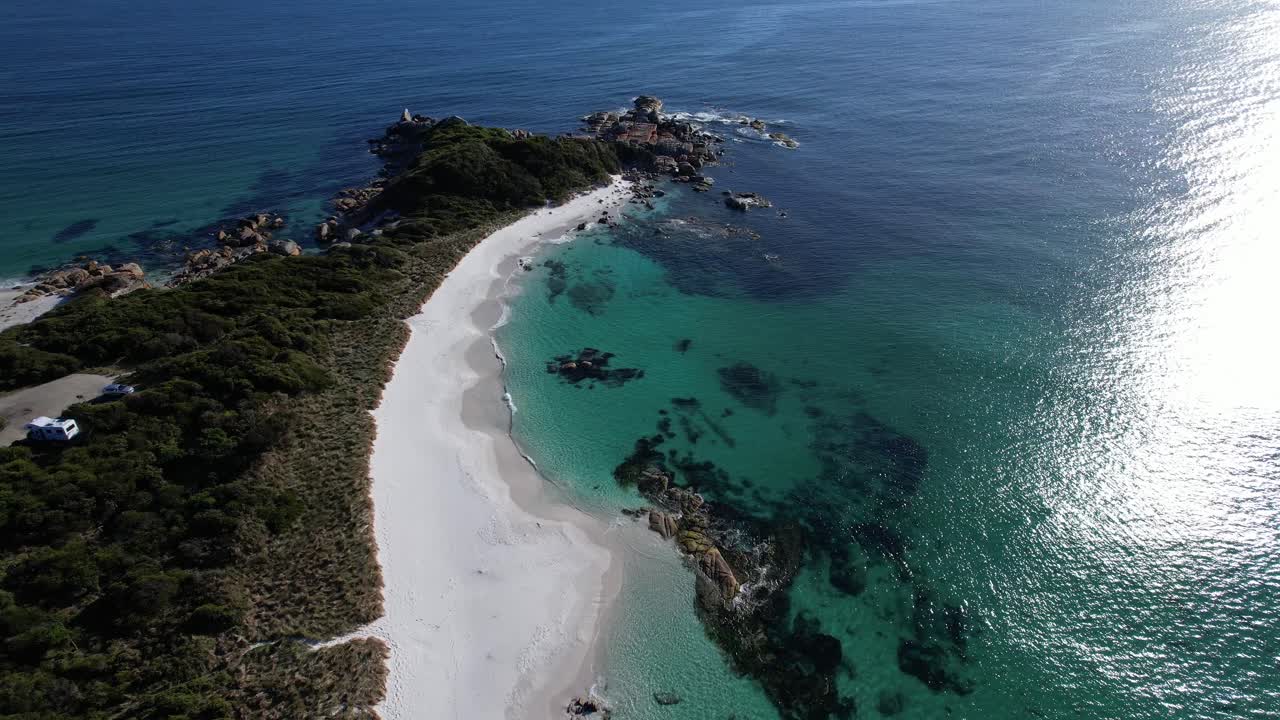 Jeanneret Beach Campsite, Binalong Bay, Tasmania, Australia - Aerial Drone Shot