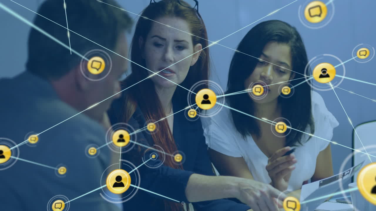 Collaborating in school, diverse people using network for data processing animation