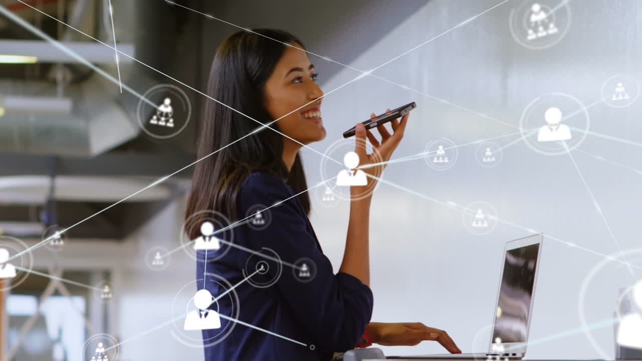 animación de una red de conexiones con iconos sobre una mujer asiática feliz usando un teléfono inteligente