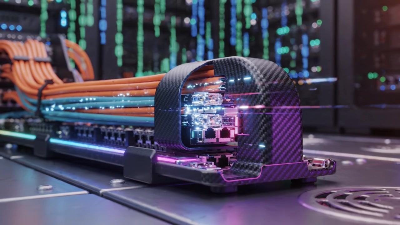 Advanced Server Room Infrastructure Featuring Dynamic Cable Management System with Vibrant LED Accents and High-Performance Connectivity Options for Optimal Networking.