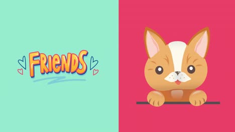 animación de un lindo gato mascota y amigos de texto, con fondos azules y rosados