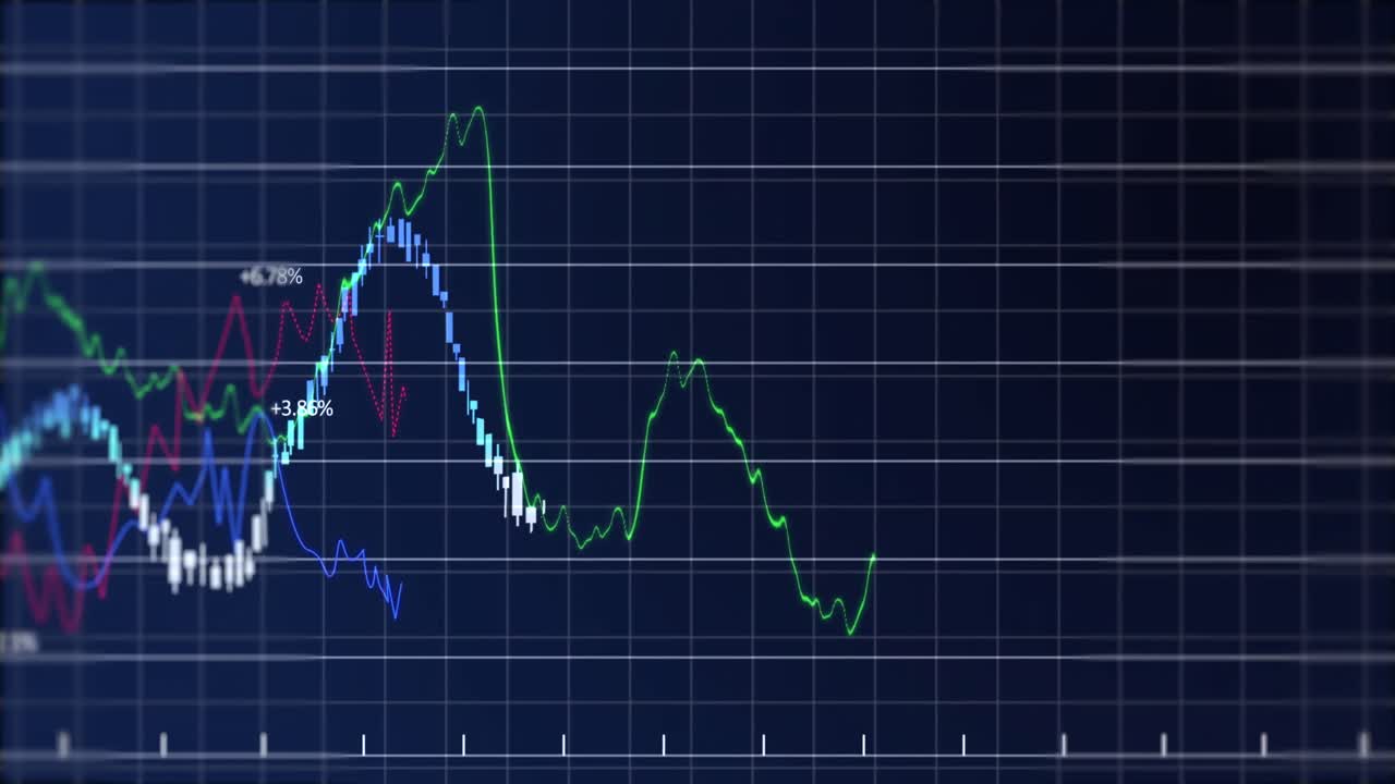 Digital animation of financial data processing over grid network against blue background