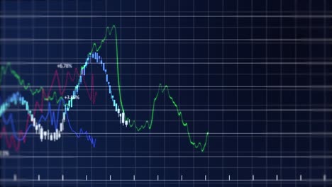 animación digital del procesamiento de datos financieros a través de la red de red contra un fondo azul