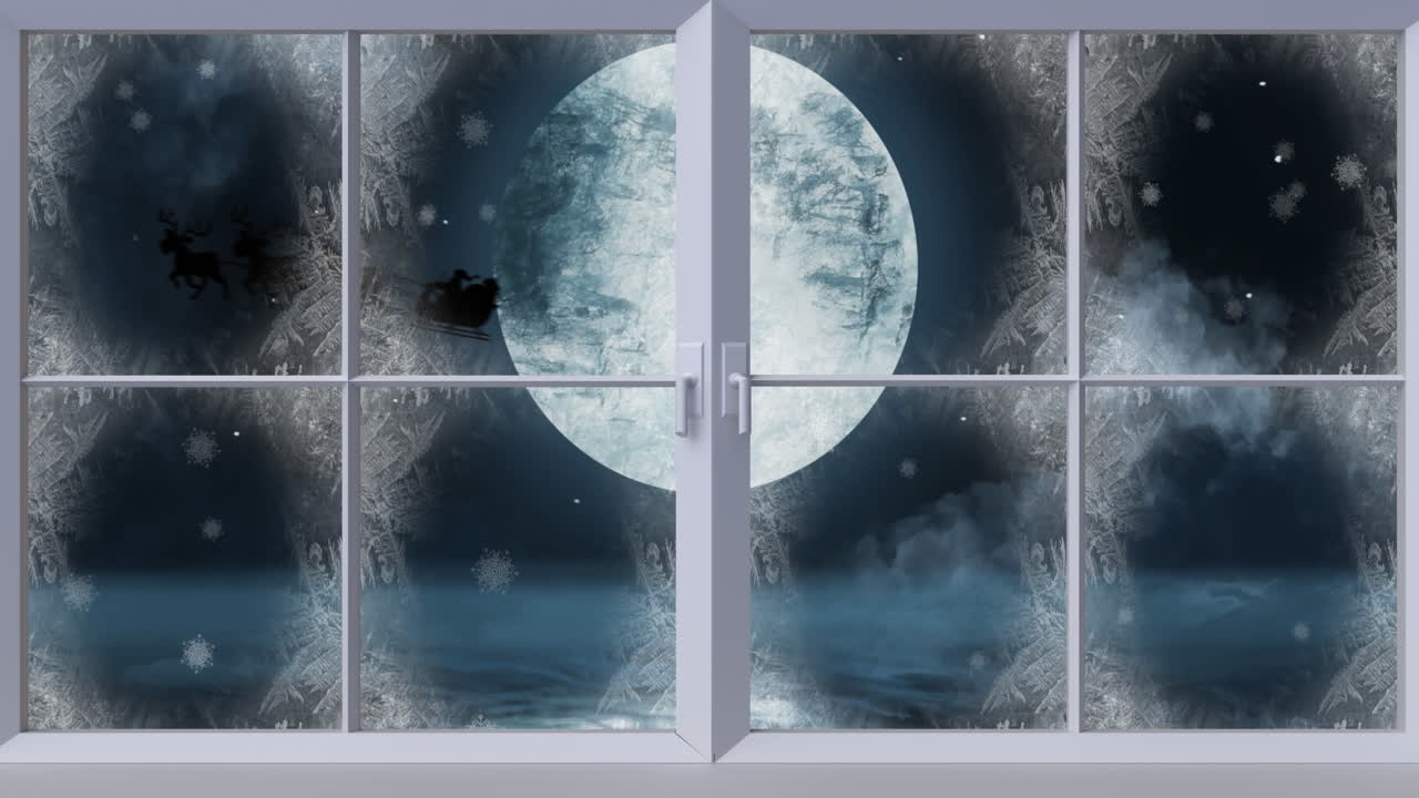 animación de la silueta de santa claus en trineo tirado por renos y escena navideña de invierno