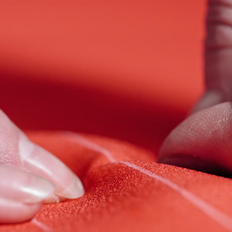 tailor's fingers are putting the pin to the red fabric. red cloth with white lines and a dressmaker working with pins. close-up. concept sewing and handicraft.