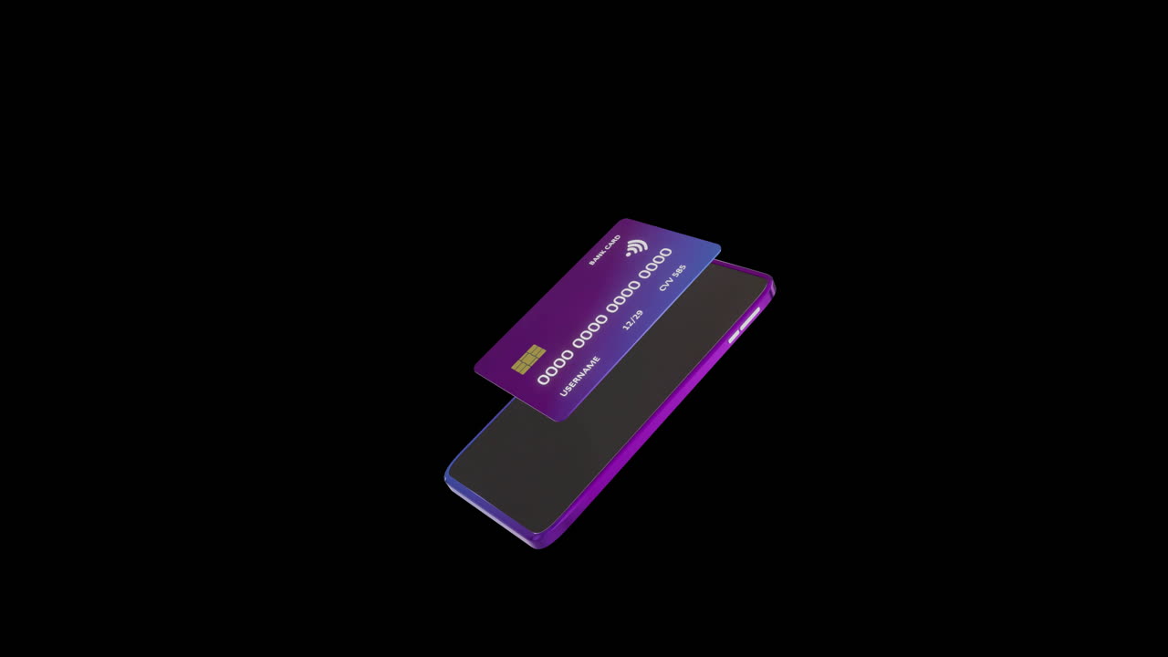 Animation of smartphone and credit card with data over black background
