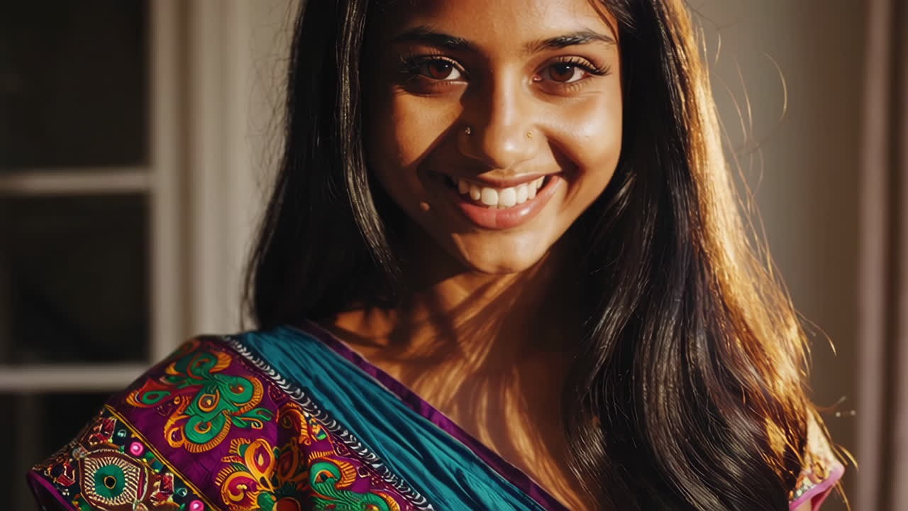 Captivating Portrait of a Smiling South Asian Woman in Traditional Attire