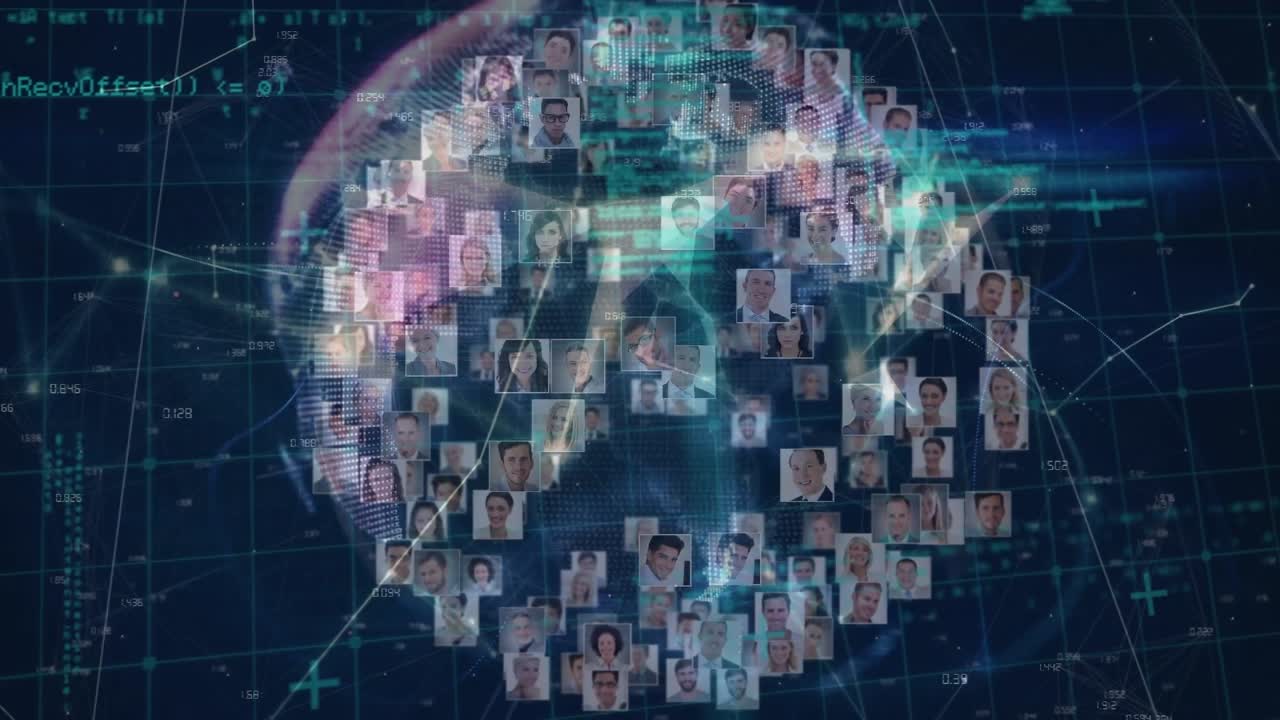 Animazione di interfaccia infografica e forme su fotografie di persone multirazziali che formano un globo