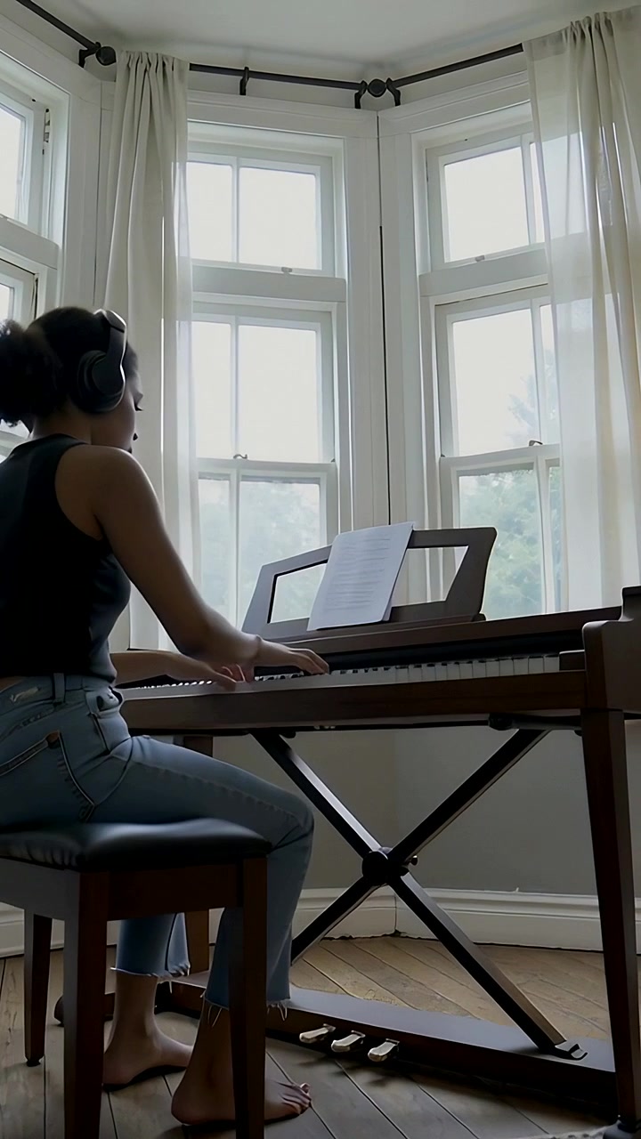 Vertical video: Placing hands on keys player with headphones practicing at bay window keyboard