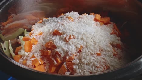 sal, pimentón, ajo en polvo y romero que se agregan a la olla llena de zanahorias picadas, repollo y arroz listos para hacer estofado