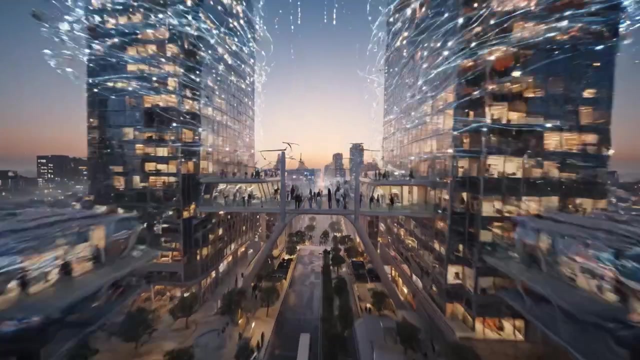 Futuristic Urban Landscape at Twilight with Glimmering Lights and Moving Vehicles in a Vibrant Cityscape Revealing Life and Energy in a Modern Metropolis