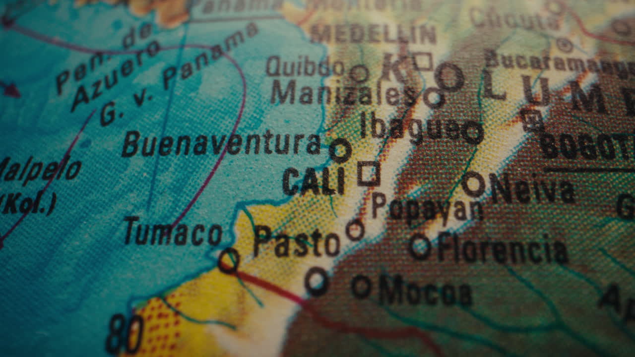 Close-up of a World Map Focusing on Colombia