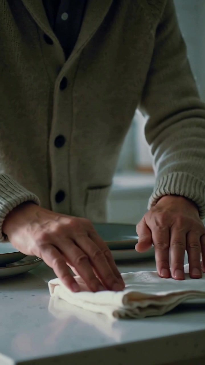 Vertical video: Reaching napkin, adult in cardigan folding it on counter, stacking plates for meal