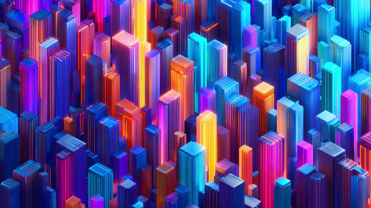 A Captivating Digital Cityscape with Vibrant Neon Colors Reflecting in Tall Buildings, Showcasing Unique Architectural Designs in an Abstract Futuristic Setting