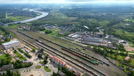 aerial view of a railway station and surrounding town