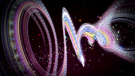 animación futurista con objeto de rayas y partículas brillantes en cámara lenta, 4096x2304 bucle 4k