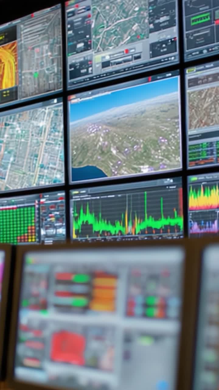 Sistema di Monitoraggio Avanzato Visualizza Flussi di Dati Multipli e Grafici Analitici in un Ambiente di Sala di Controllo High-Tech per una Maggiore Consapevolezza Situazionale.