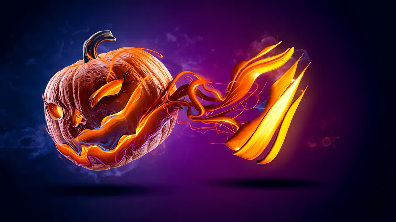Lighting up carved jack-o'-lantern in purple-blue mist, spawning spiraling glowing rind ribbons