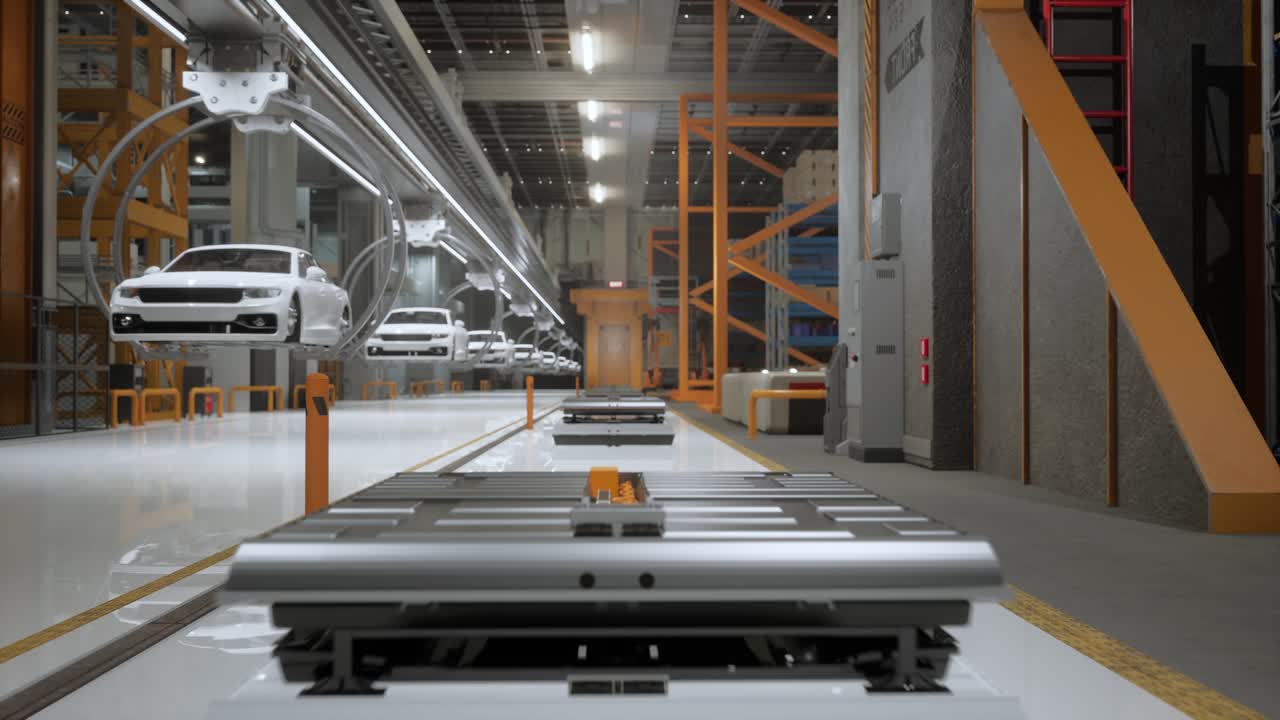 고성능 전기 자동차 제조: 자동차 배터리가 조립 라인에서 전기 차량에 부착되고 agv 수송 배터리