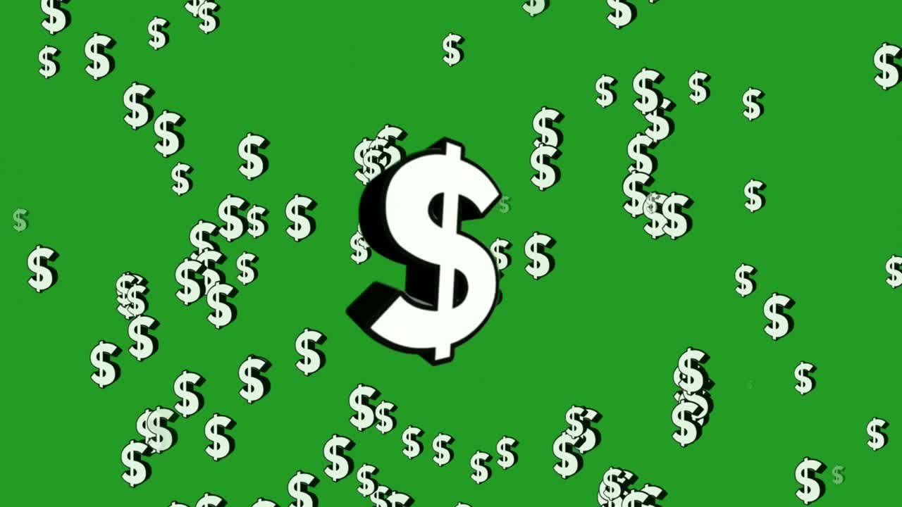3D Dolar işaretleri sembolü 4K animasyon yeşil ekran arka planında. USD sembolleri yağmuru. Kesintisiz döngülü animasyonlu arka plan. İş konsepti. Kroma anahtarı aydınlatmalı.