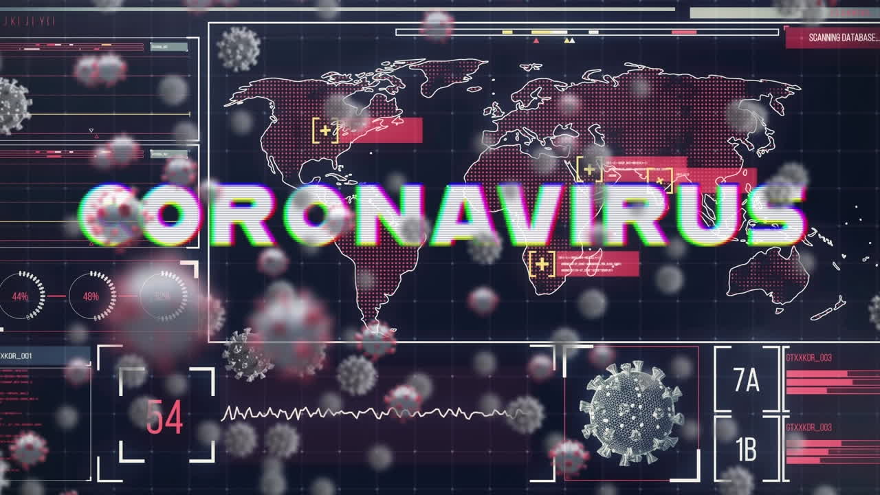 animación de texto de coronavirus y células del virus covid-19 sobre procesamiento de datos en fondo negro