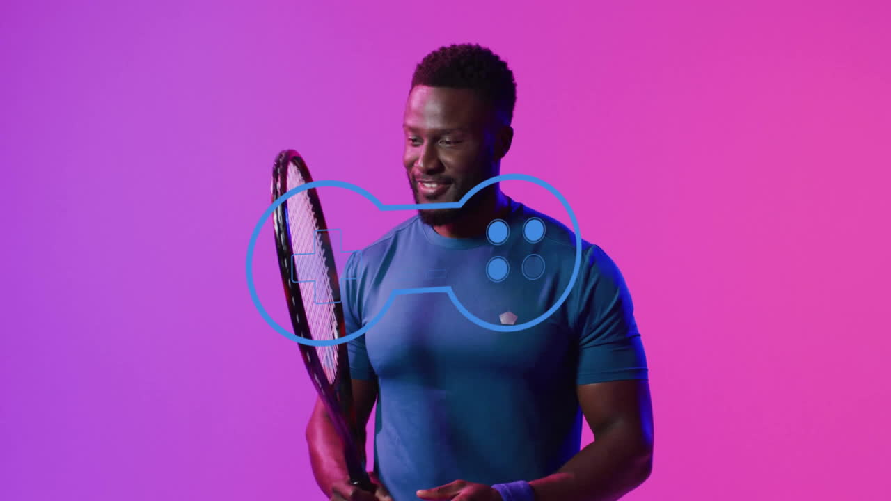 Holding tennis racket, man with game controller animation on colorful background