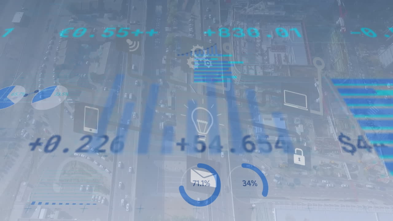 Animation of data processing over numbers an cityscape