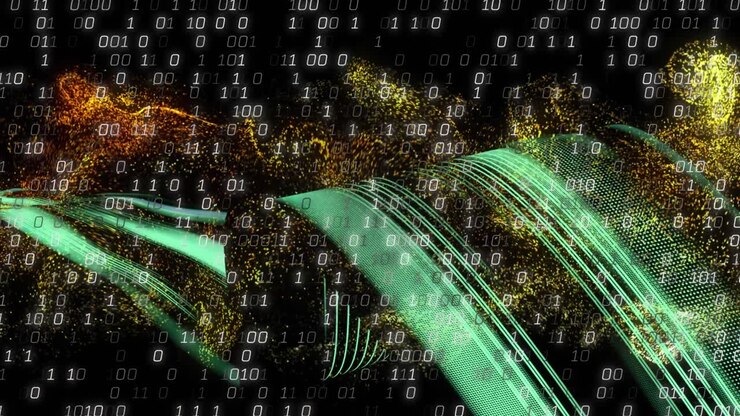 Animation of binary coding and data processing over light trails