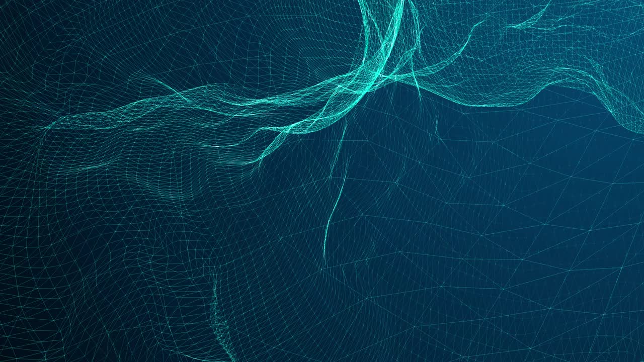 Seamless loop Wave of wiremesh. Futuristic blue background with dynamic wave. Big data. 3D rendering. Abstract background with wavy lines. Animation ripples on surface from neon lines.