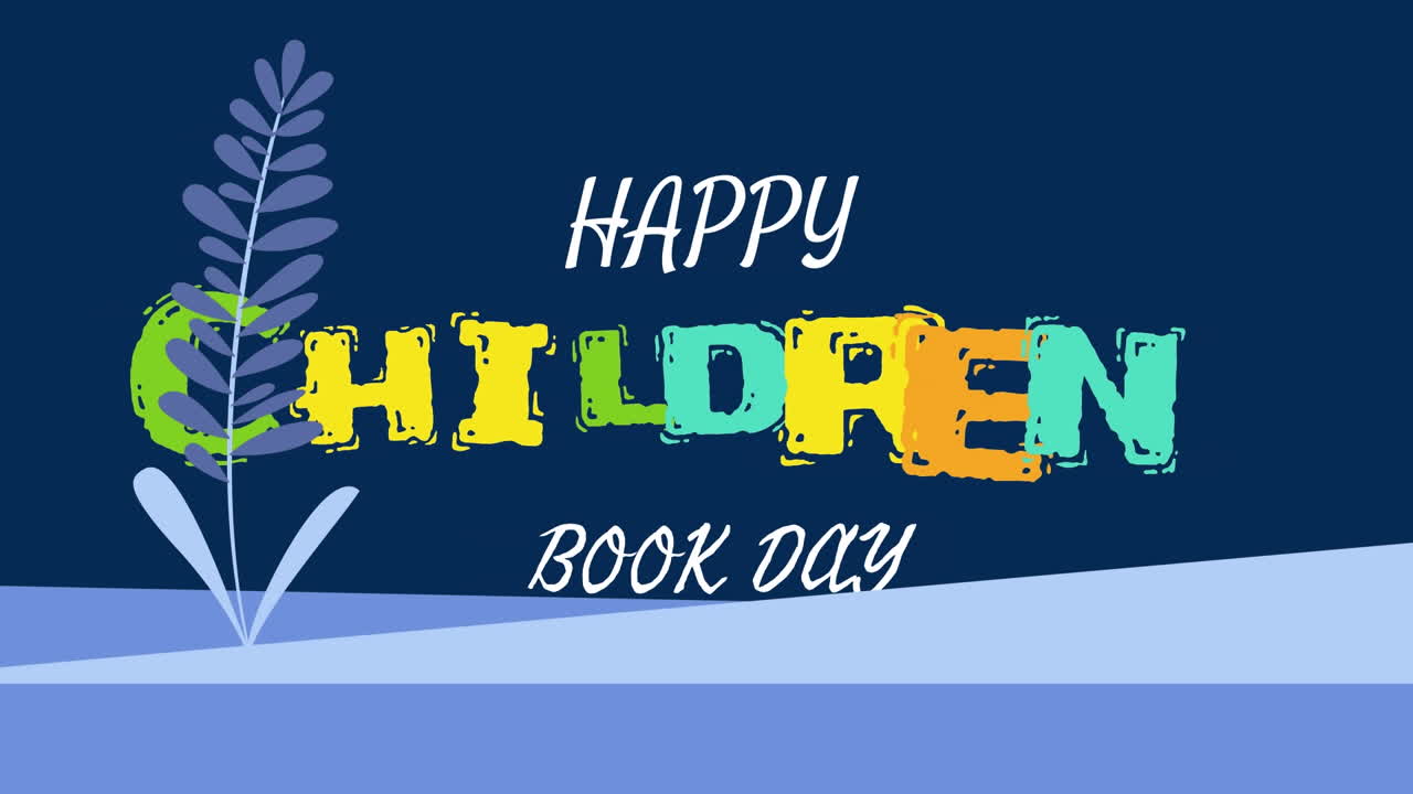 식물 과 함께 파란색 배경 위 에 행복 한 어린이 책 날 의 애니메이션