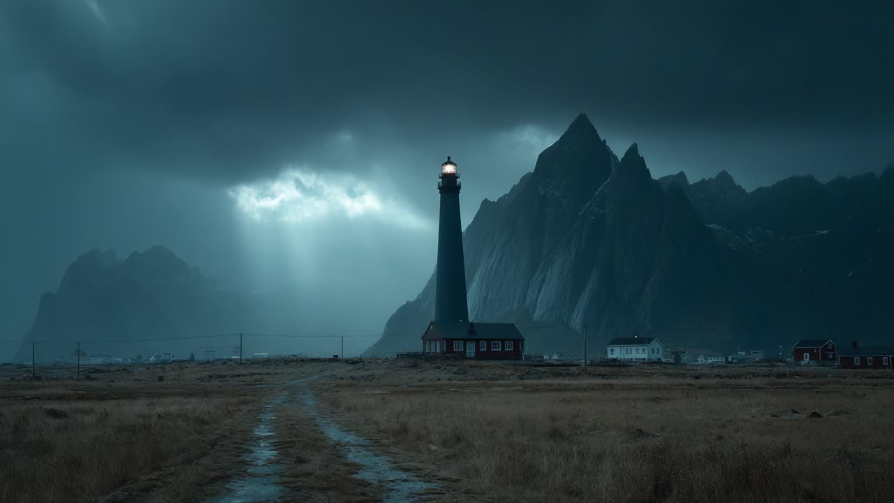 Et majestætisk fyrtårn, der står højt mod en mørk og stormfuld himmel og skinner sit lys gennem skyerne, mens det oplyser det barske bjerglandskab, der omgiver det.