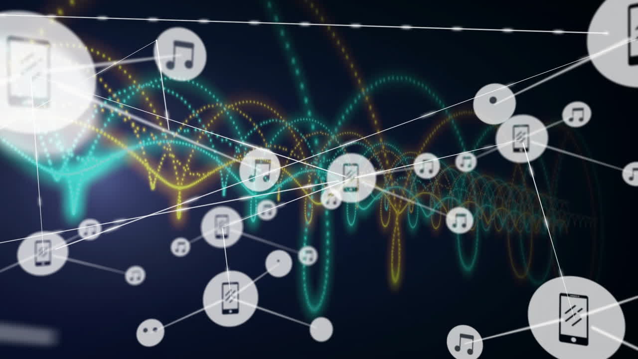 Music icons connected by lines over colorful sound wave animation