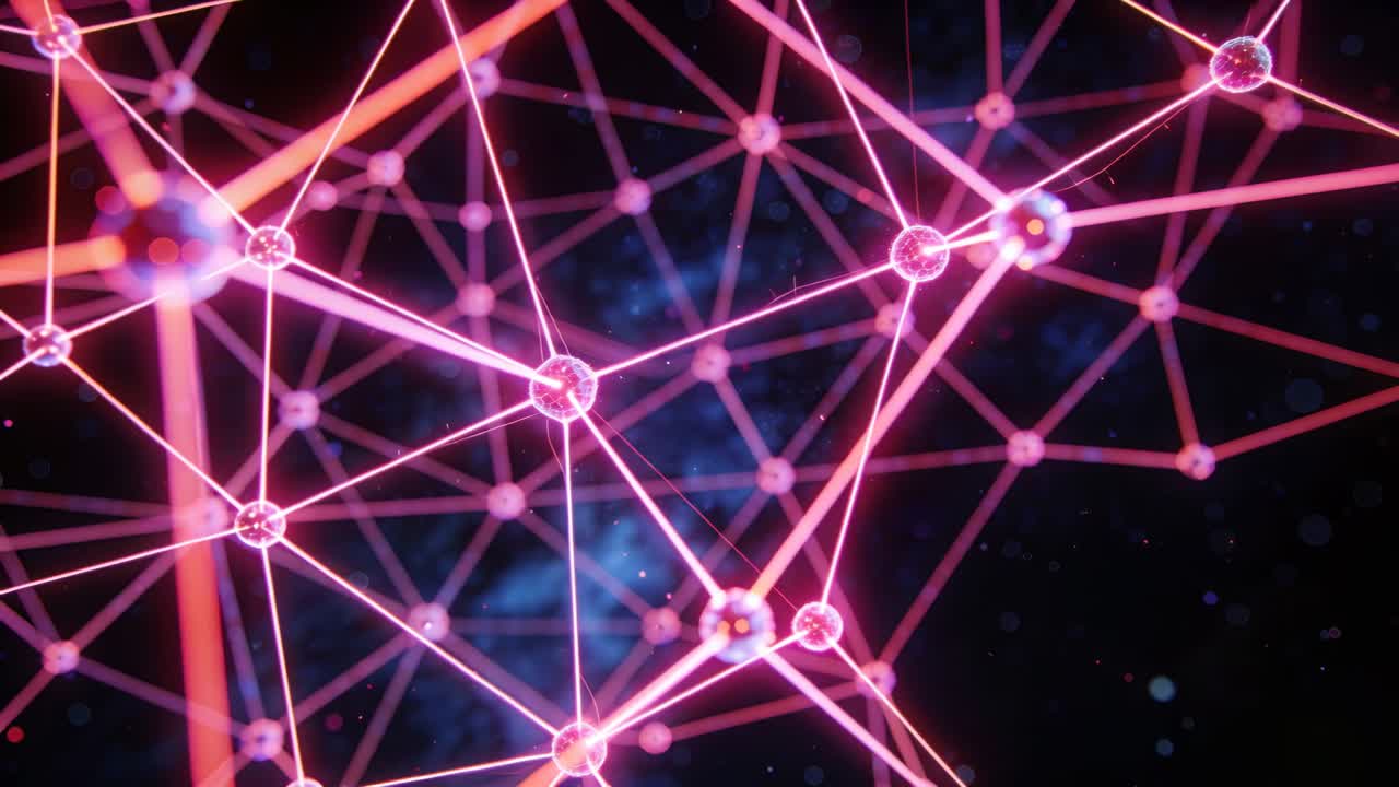 Drifting camera showing magenta lattice pulsing and thinning in dark void, with glowing nodes, rods