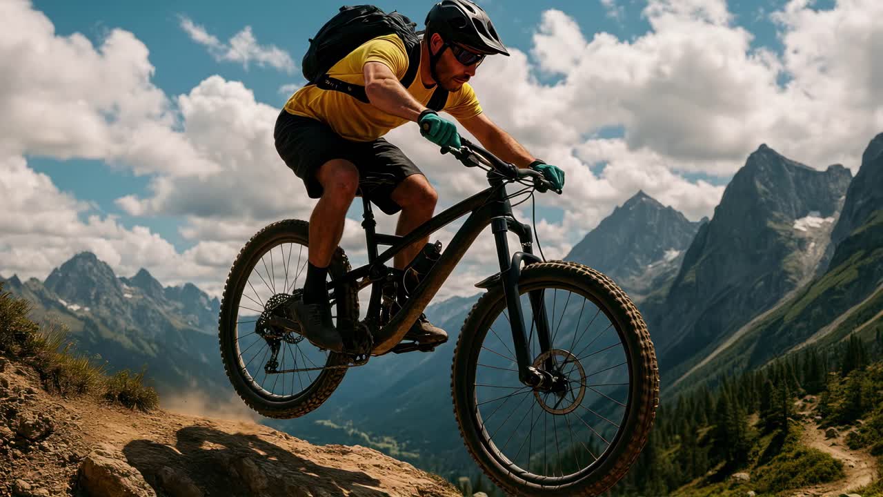 Dynamic video concept of a mountain biker mid-air, captured from a low angle, showcasing adventure