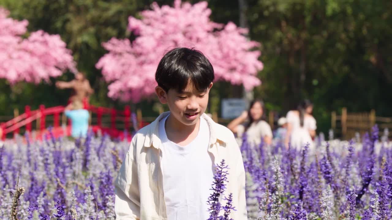 Un bambino sorridente corre in un campo di fiori viola in un parco soleggiato con fiori colorati