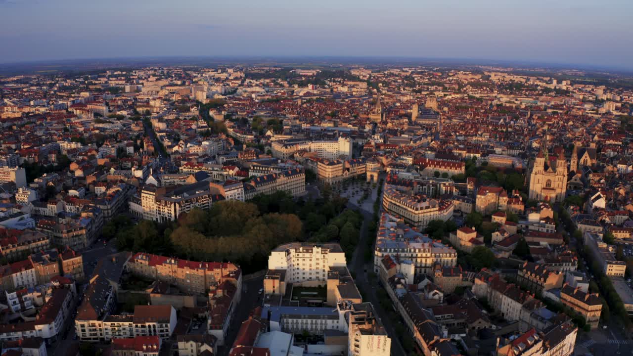 Dijon France Wide Drone City view at golden hour 4k 30p