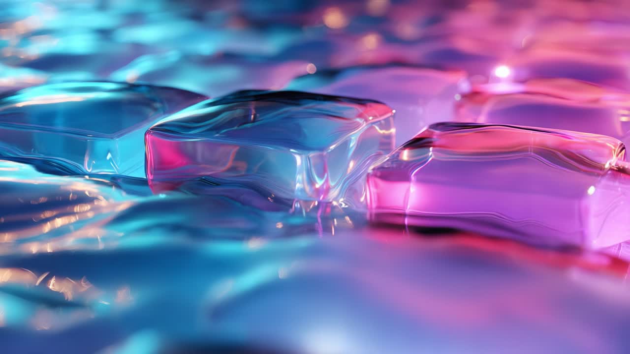 Vibrant Abstract Composition of Iridescent Ice Cubes on Fluid Surface Captured in Beautiful Lighting, Showcasing a Play of Colors and Reflections That Create an Enticing Visual Experience