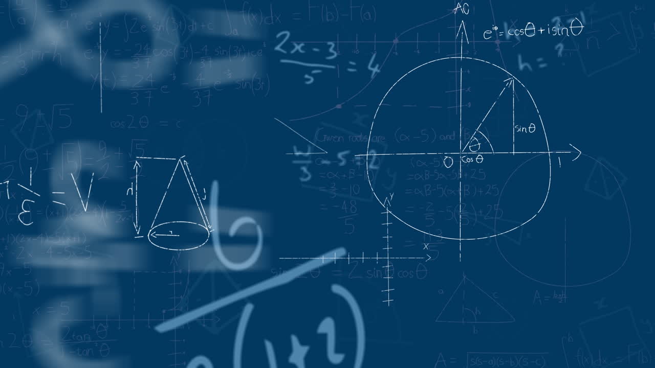 파란색 배경에 떠다니는 수학 방정식과 다이어그램의 애니메이션