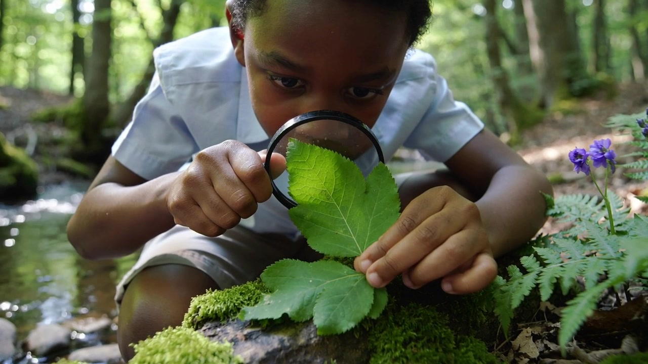 Leaning boy in blue shirt, khaki shorts examining green leaf with lens on mossy log exploring