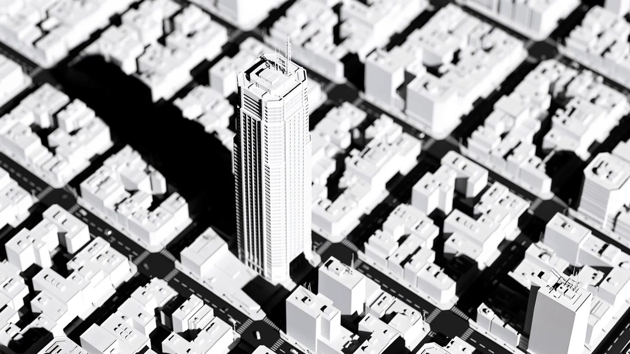 Rotating camera closing and tilting over angled block grid showing tower, antenna, long shadow
