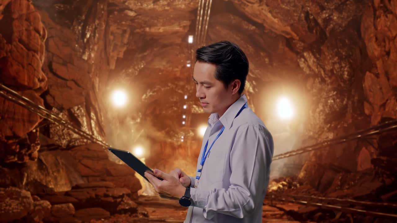 Side View Of An Asian Male Professional Worker Standing With His Tablet In Underground Mine Tunnel, Checking On His Tablet With Meditation